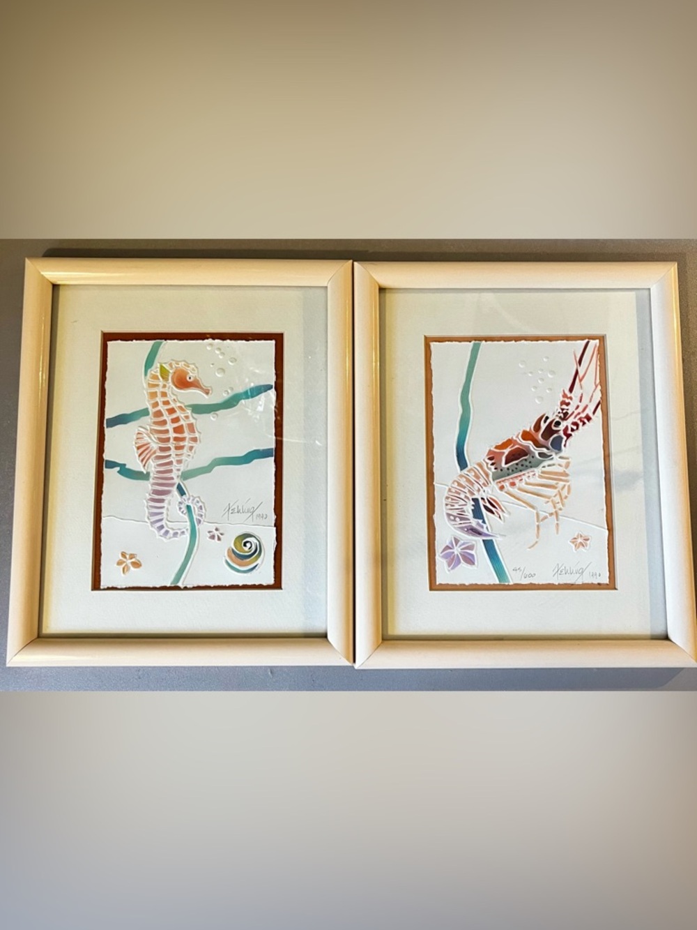 Embossing by Fehling signed Lobster & Seahorse 8x10” Framed Art Beach Decor 90’s